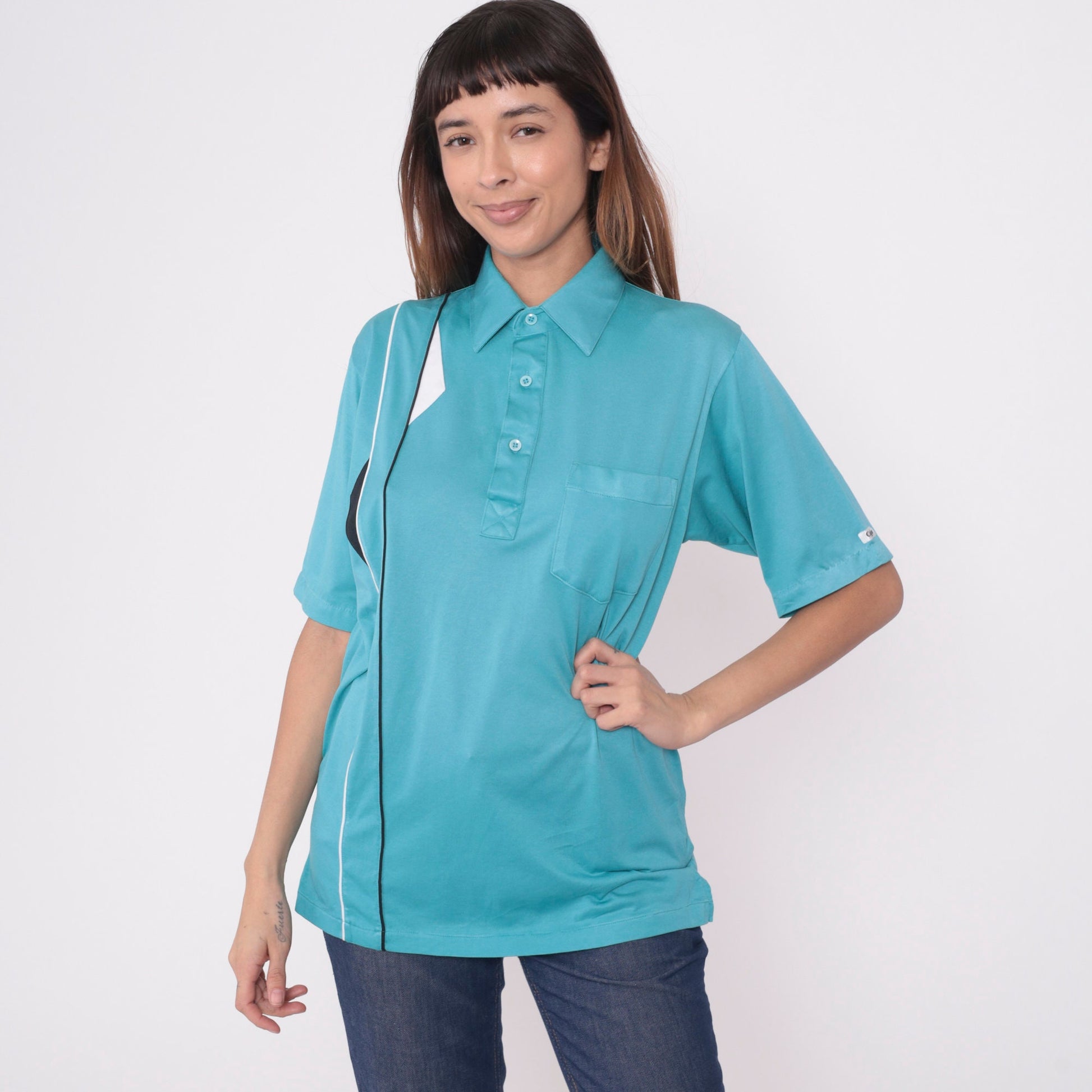 90s Cougar Golf Polo Shirt Blue Geometric Piping Stripes Medium