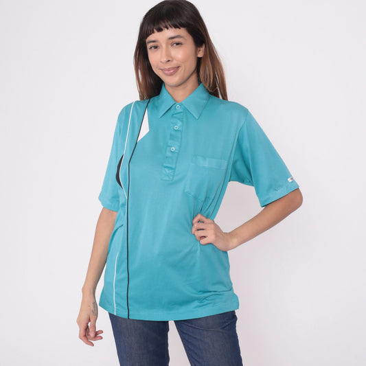 90s Cougar Golf Polo Shirt Blue Geometric Piping Stripes Medium