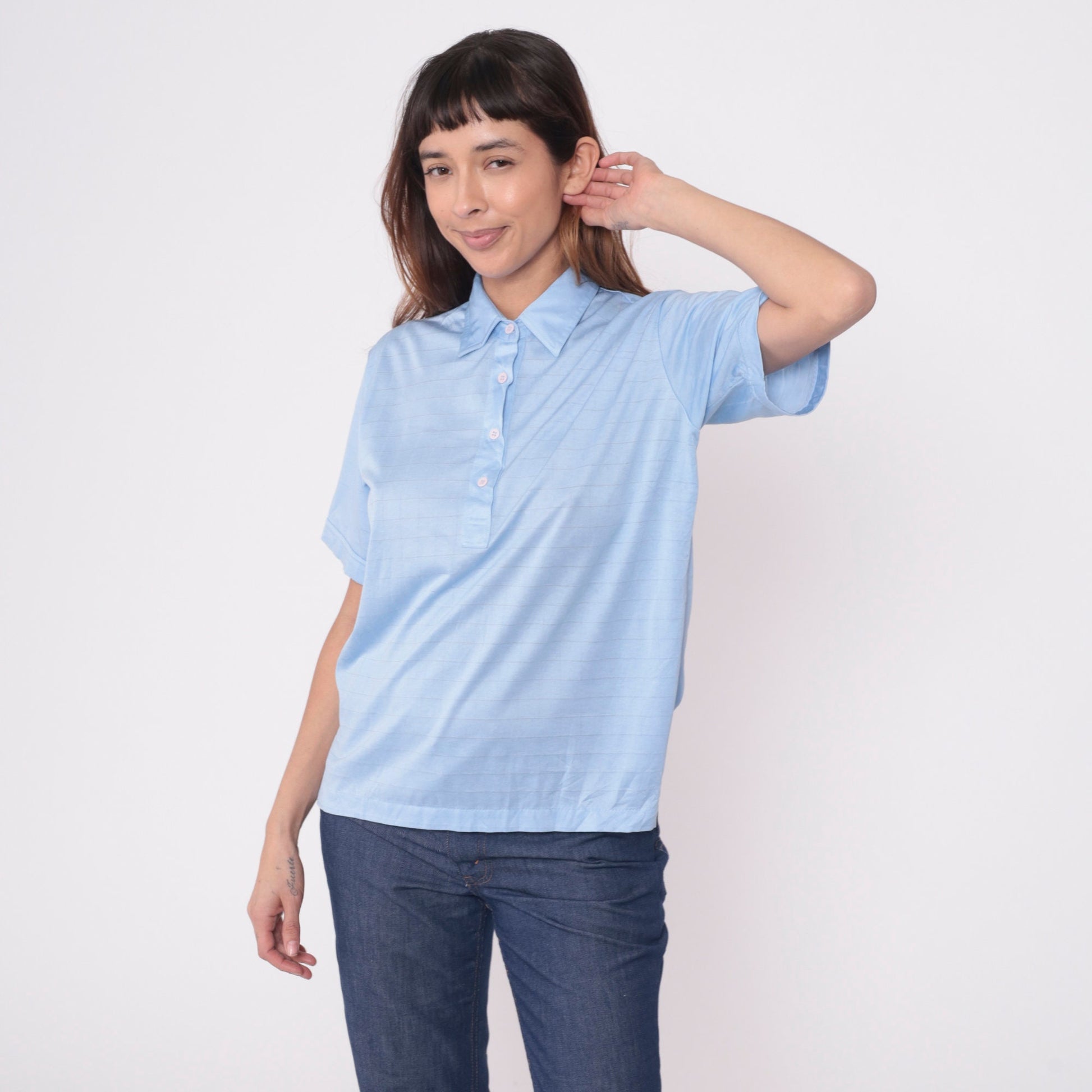 80s Lady Cougar Polo Shirt Baby Blue Grid Print Quarter Button Medium