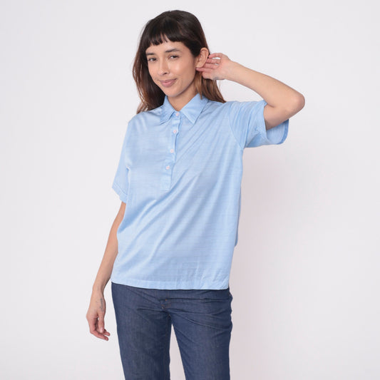 80s Lady Cougar Polo Shirt Baby Blue Grid Print Quarter Button Medium