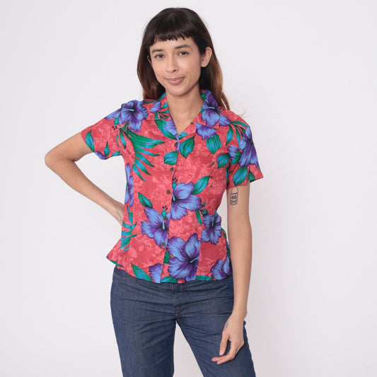 90s Red Tropical Floral Hibiscus Button-Up Blouse Short Sleeve Small