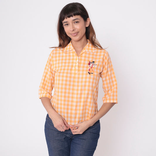 70s Ship n Shore Orange Gingham Blouse Vagabond Clown Embroidered 3/4 Sleeve Extra Small XS