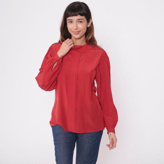 80s Red Puff Sleeve Blouse Peter Pan Collar Pleated Button Up Medium