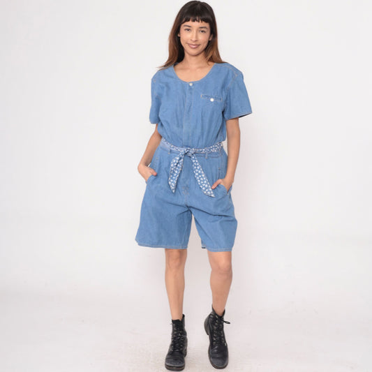 90s Gloria Vanderbilt Denim Romper Blue Jean Button-Up Playsuit Small