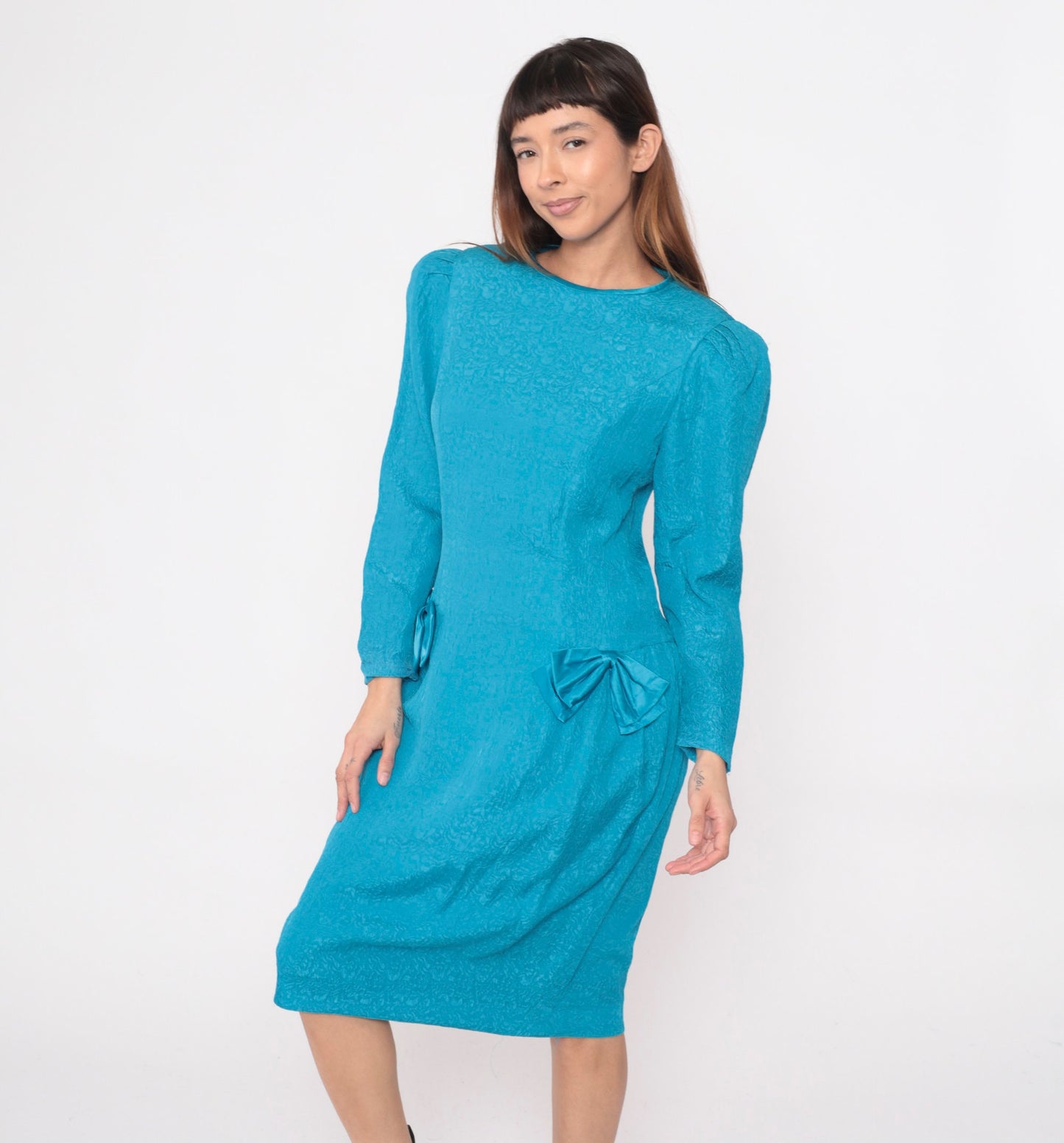 80s Richard Warren Turquoise Silk Midi Dress Puff Sleeve Bow Medium