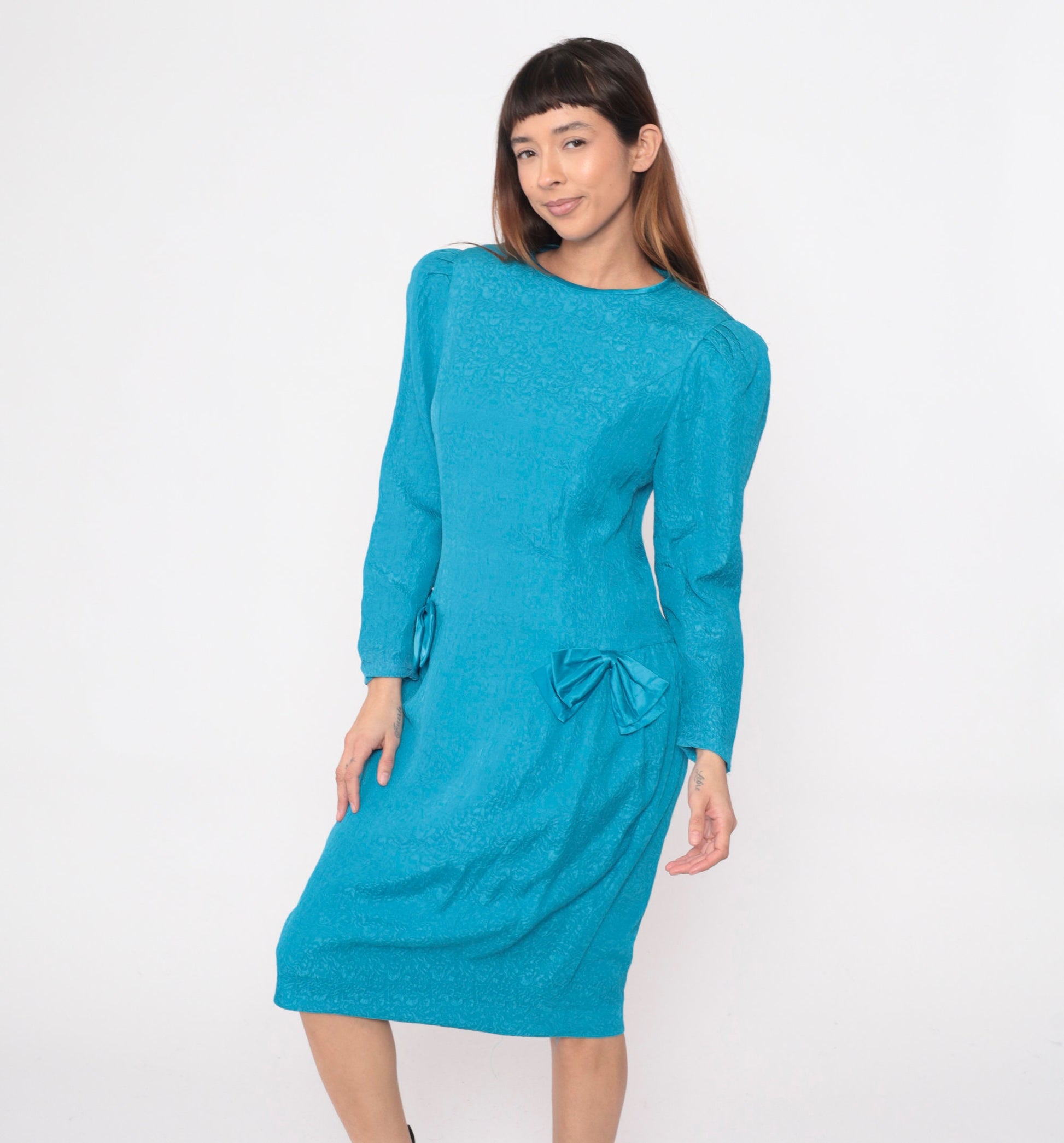 80s Richard Warren Turquoise Silk Midi Dress Puff Sleeve Bow Medium