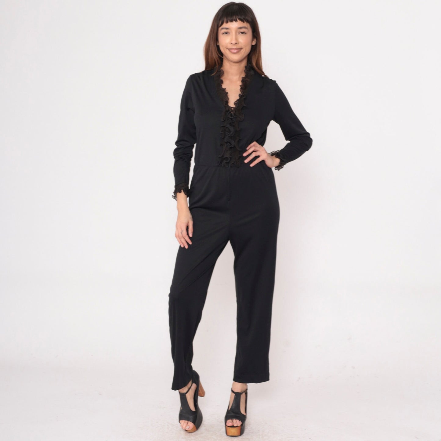 70s Black Tuxedo Jumpsuit Ruffled Front Long Sleeve High Waist Medium
