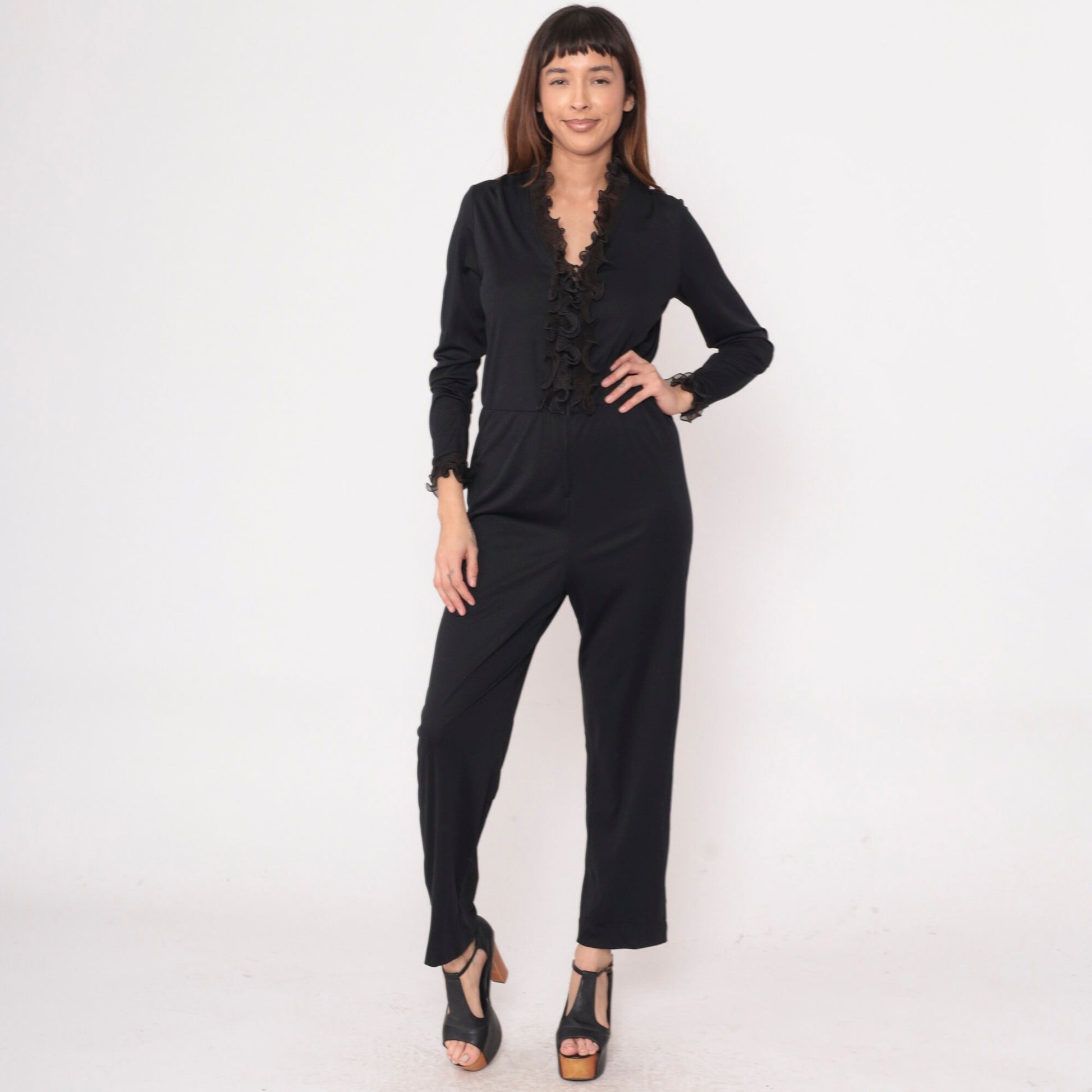 70s Black Tuxedo Jumpsuit Ruffled Front Long Sleeve High Waist Medium