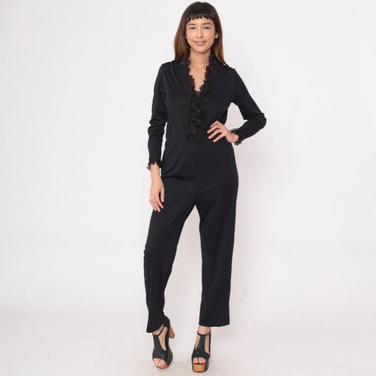 70s Black Tuxedo Jumpsuit Ruffled Front Long Sleeve High Waist Medium