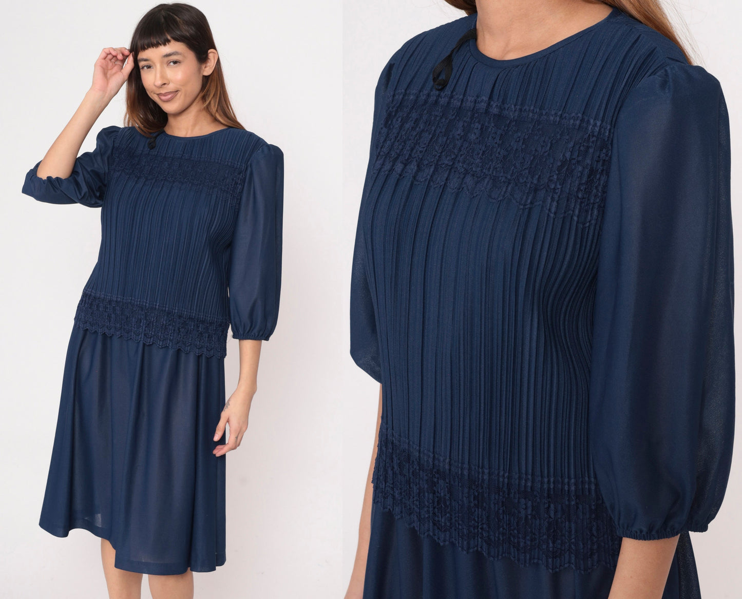 80s Dark Blue Pleated Midi Dress Puff Sleeve Lace Trim Drop Waist Medium