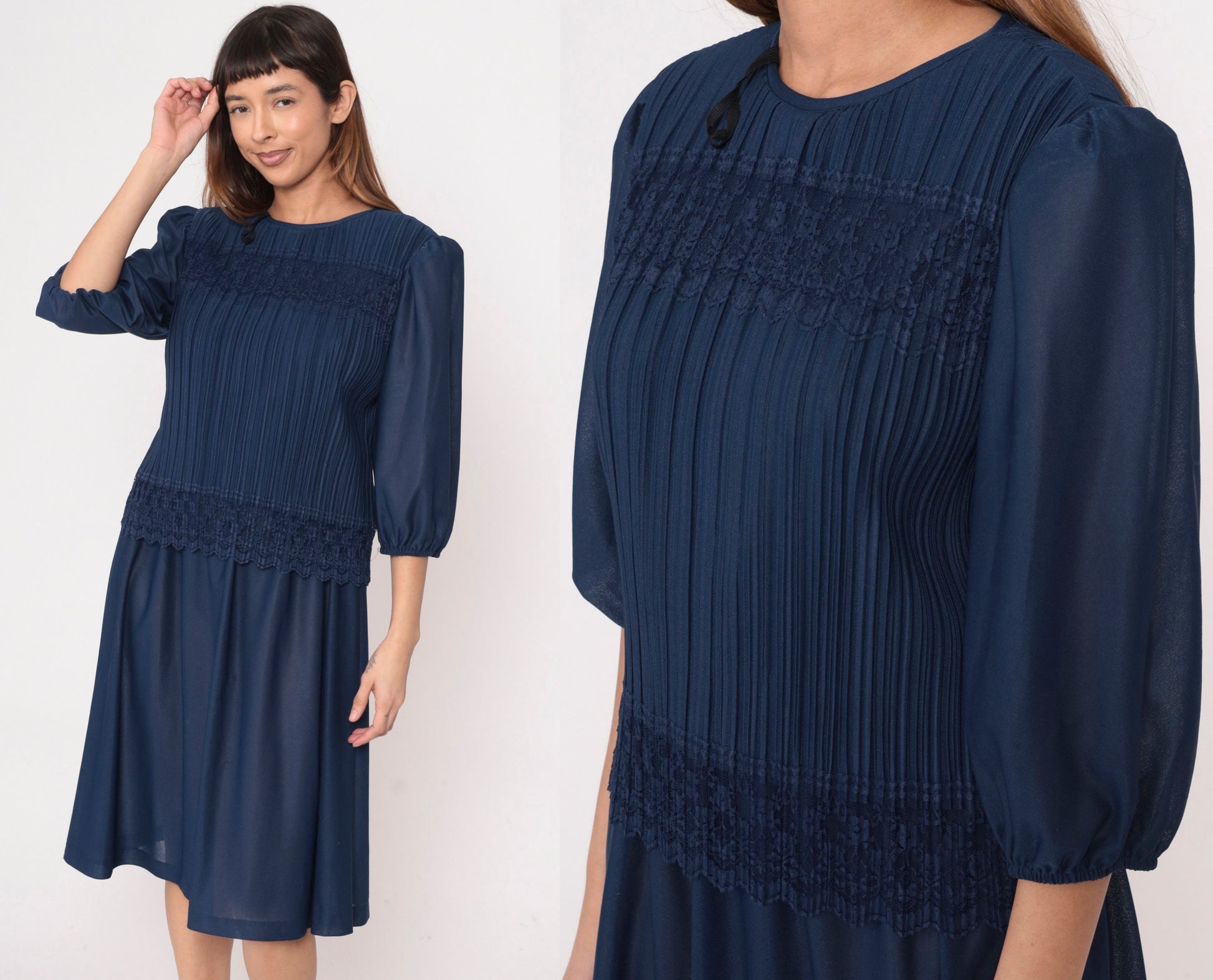 80s Dark Blue Pleated Midi Dress Puff Sleeve Lace Trim Drop Waist Medium