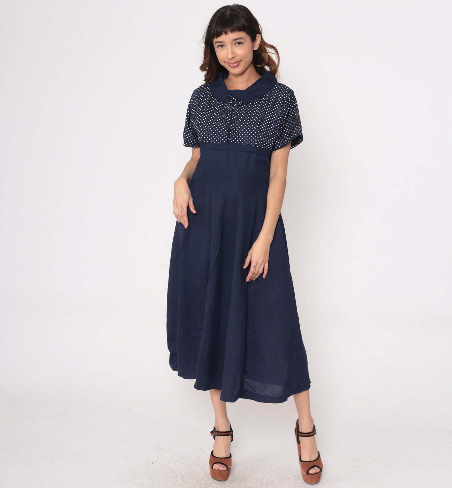 1960s Navy Polka Dot Rhinestone Bow Cocktail Dress Empire Waist Large L