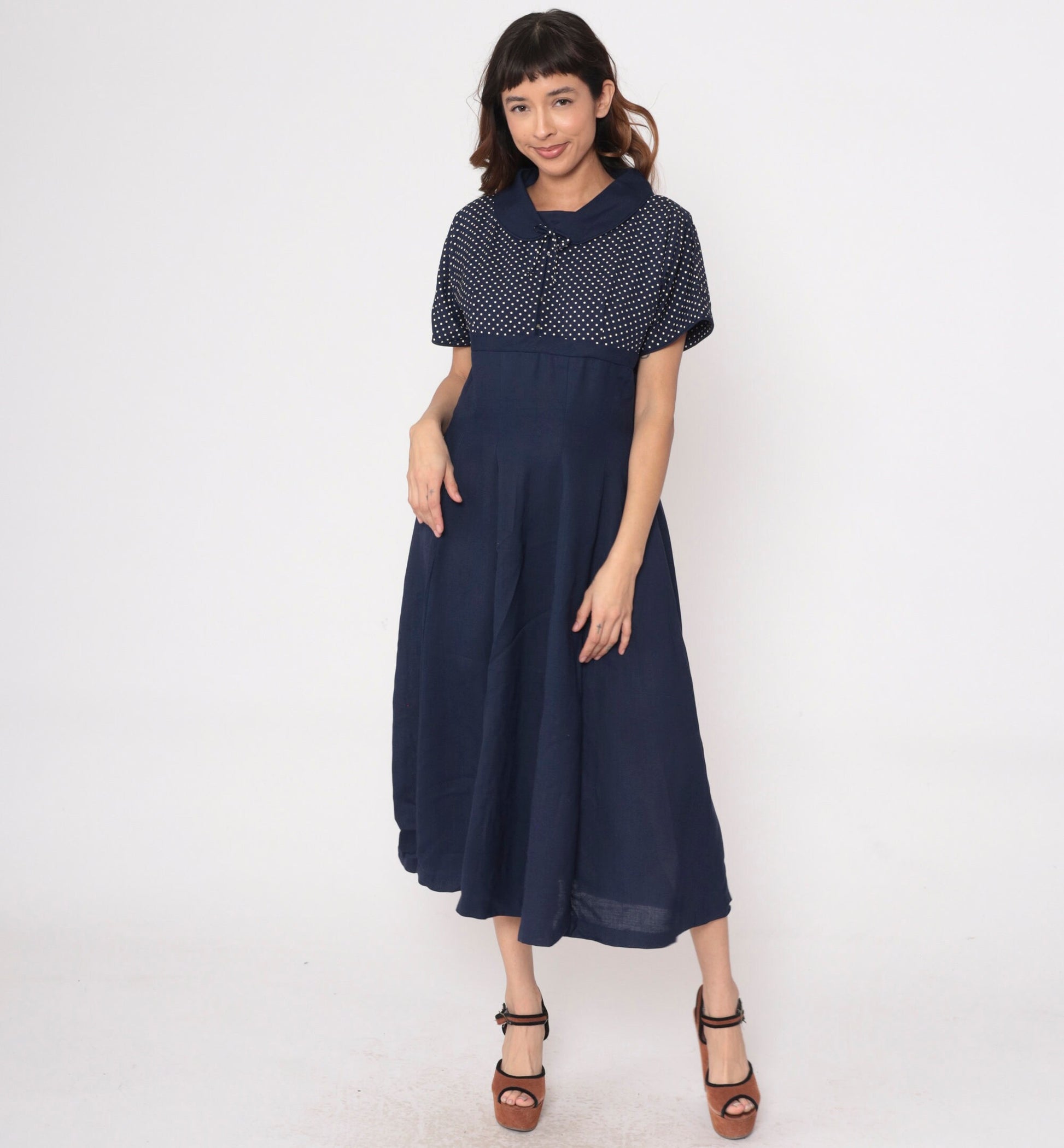 1960s Navy Polka Dot Rhinestone Bow Cocktail Dress Empire Waist Large L