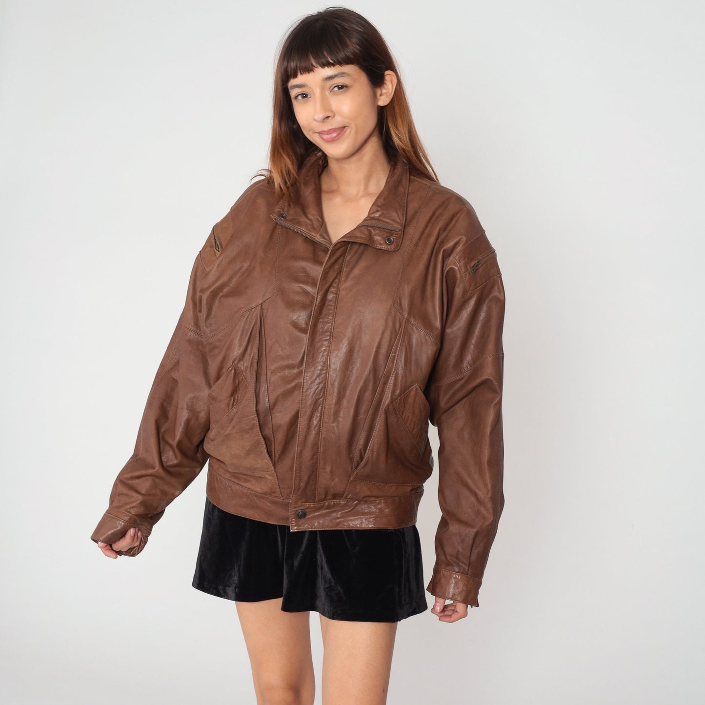 90s Brown Leather Bomber Jacket Zip Biker Moto Cafe Racer Large L