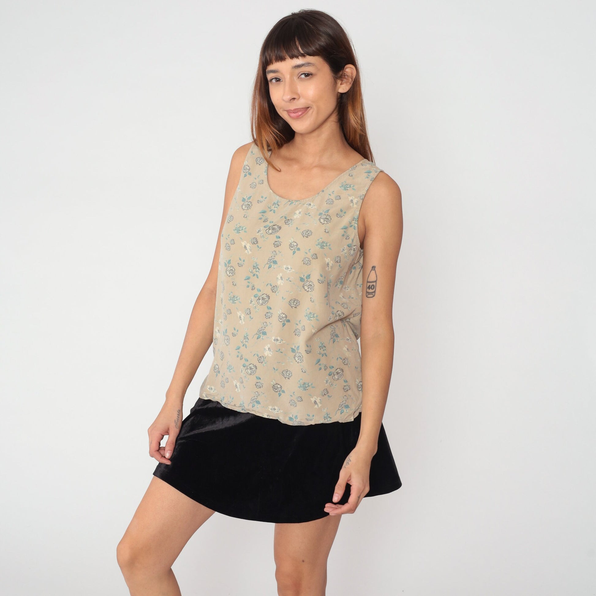 90s Silk Floral Tank Top Tan Rose Print Sleeveless Blouse Large L