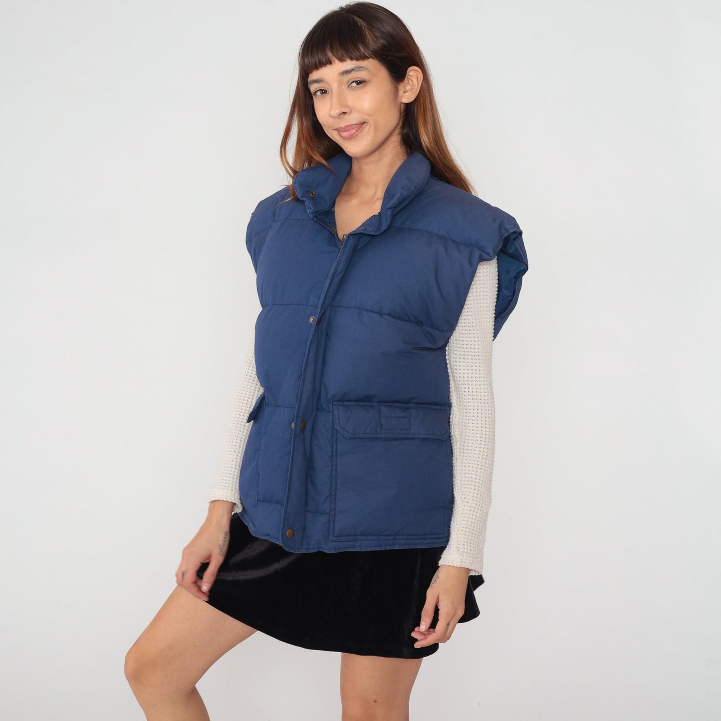 90s Navy Blue Down Puffer Vest Sleeveless Zip Snap Jacket Large L