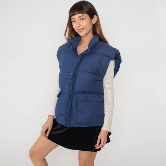 90s Navy Blue Down Puffer Vest Sleeveless Zip Snap Jacket Large L