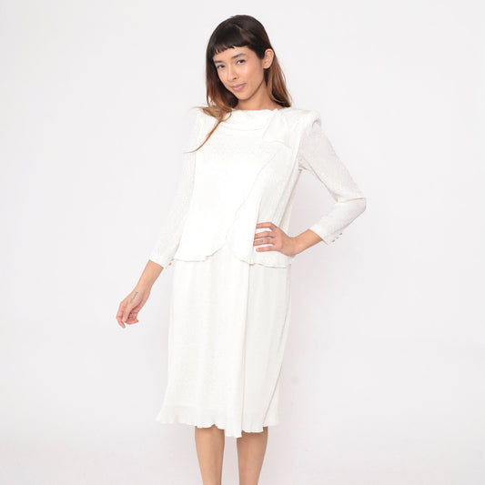 80s White Snakeskin Embossed Midi Dress Puff Sleeve Pearl Beaded Small