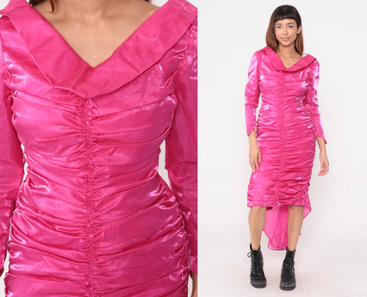 80s Hot Pink Satin Midi Dress Puff Sleeve Ruched Sheath Train Small