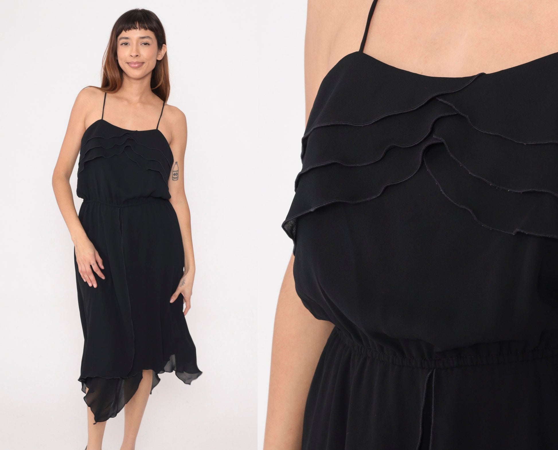 1970s Black Saks Fifth Avenue Midi Dress Ruffled Neckline Spaghetti Strap Small