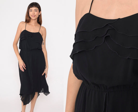1970s Black Saks Fifth Avenue Midi Dress Ruffled Neckline Spaghetti Strap Small