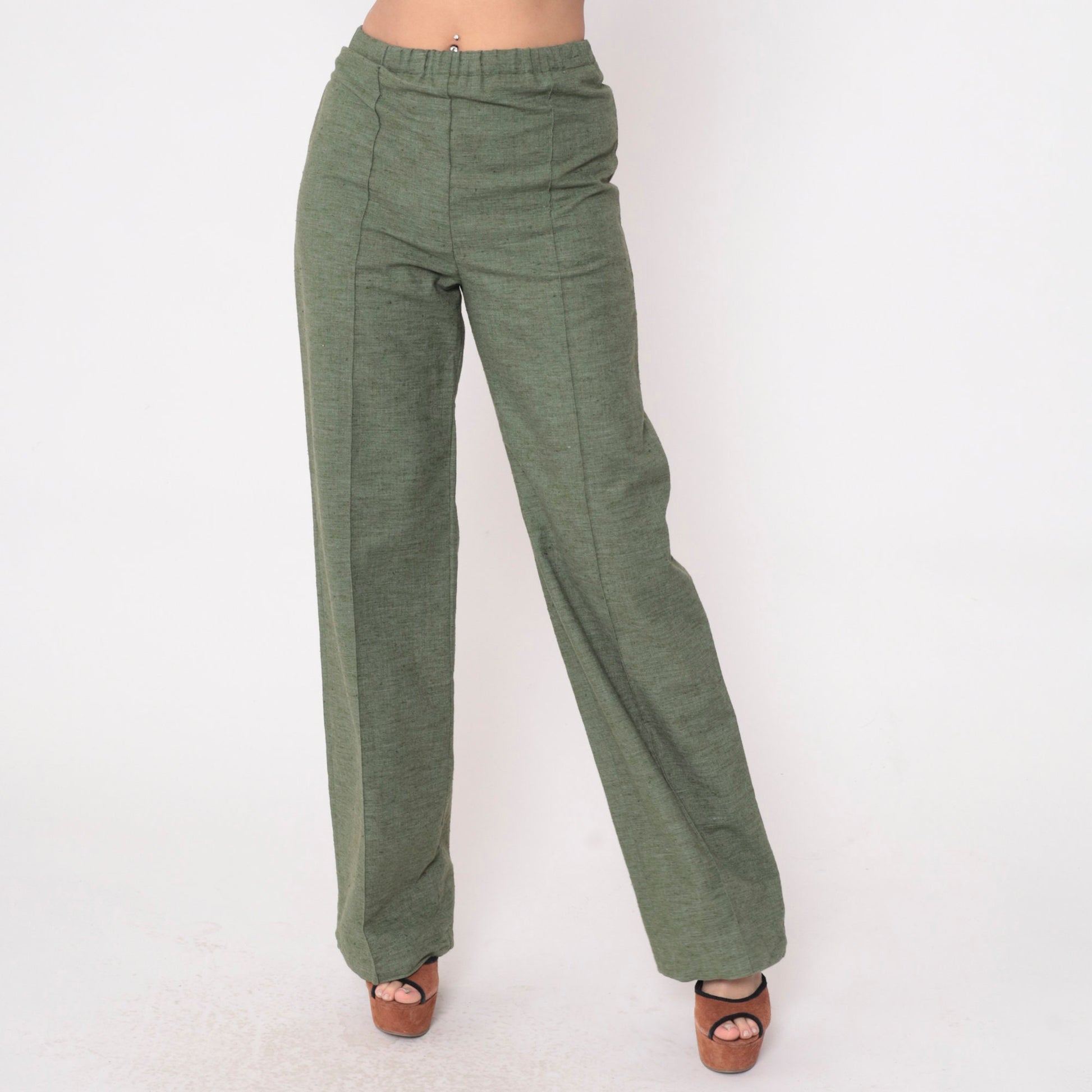 70s Wide Leg Trousers Heathered Green High Waist Creased Medium