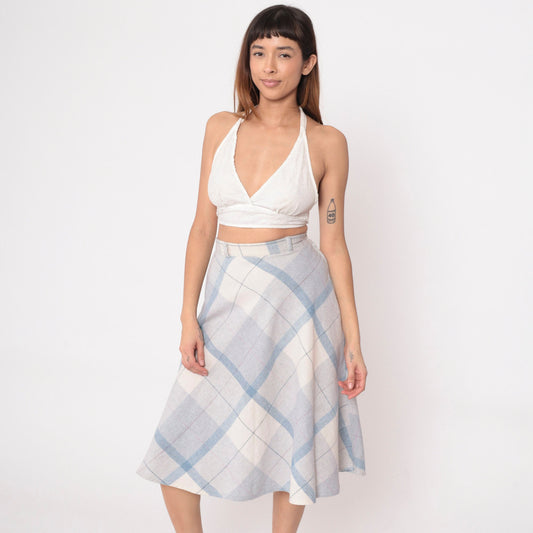 70s Plaid Midi Skirt High Waisted Blue White Wool Blend Extra Small