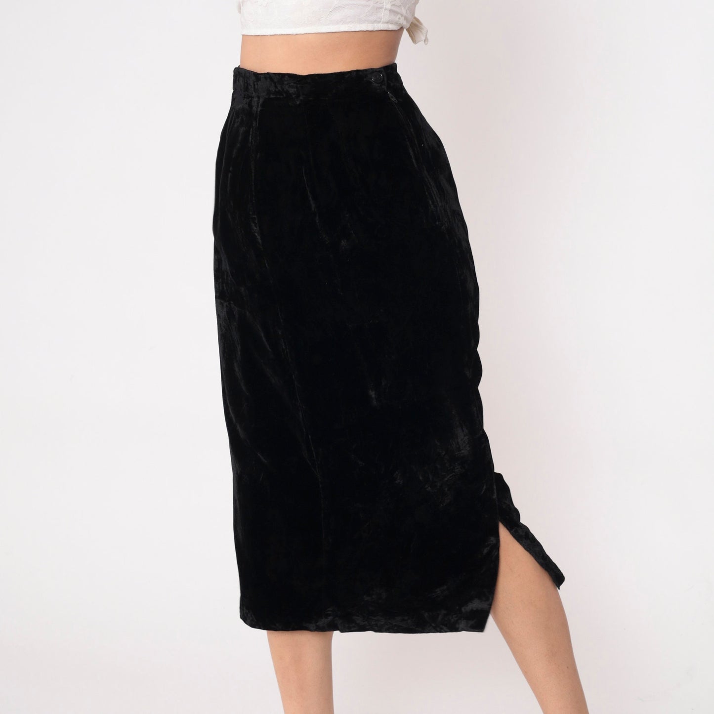 90s Black Velvet Midi Pencil Skirt High Waist Side Slit Small