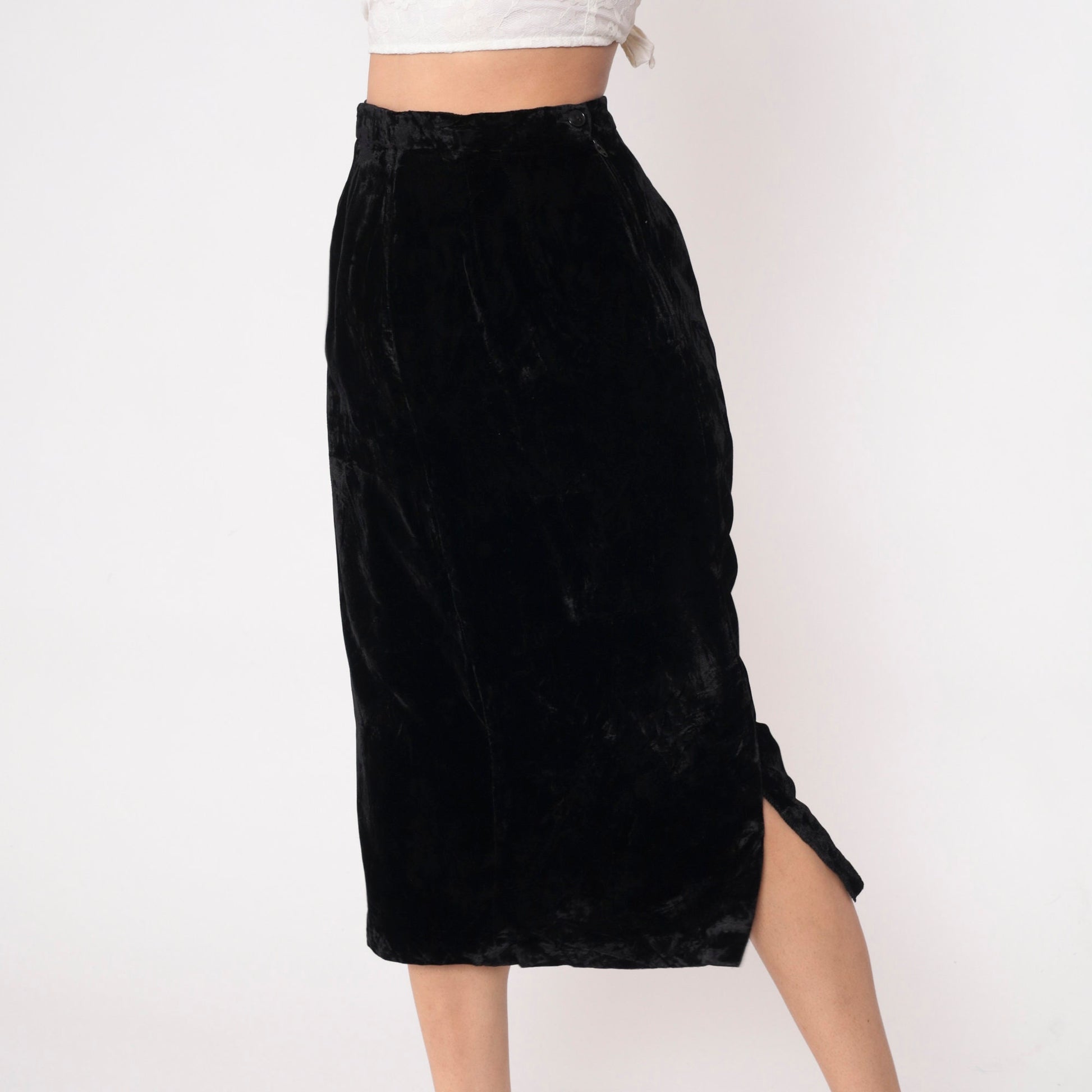 90s Black Velvet Midi Pencil Skirt High Waist Side Slit Small