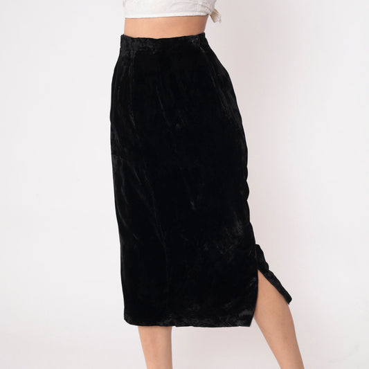 90s Black Velvet Midi Pencil Skirt High Waist Side Slit Small