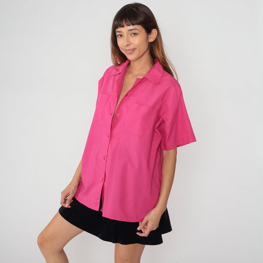 80s Pink Button-Up Blouse Short Sleeve Collared Shirt Cotton Blend Extra Large