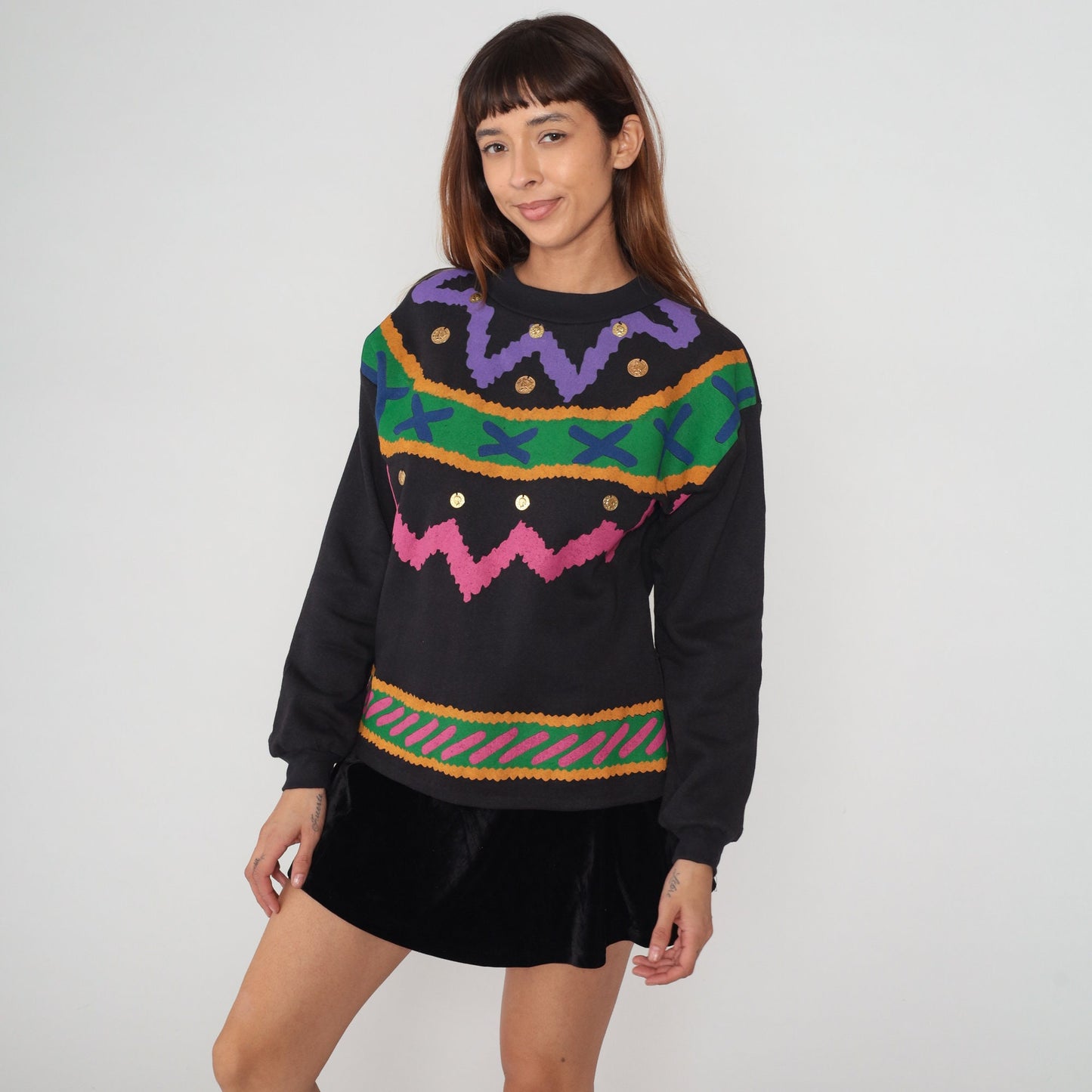 90s California Trends Black Sweatshirt Gold Coin Embellished Abstract Squiggle Small