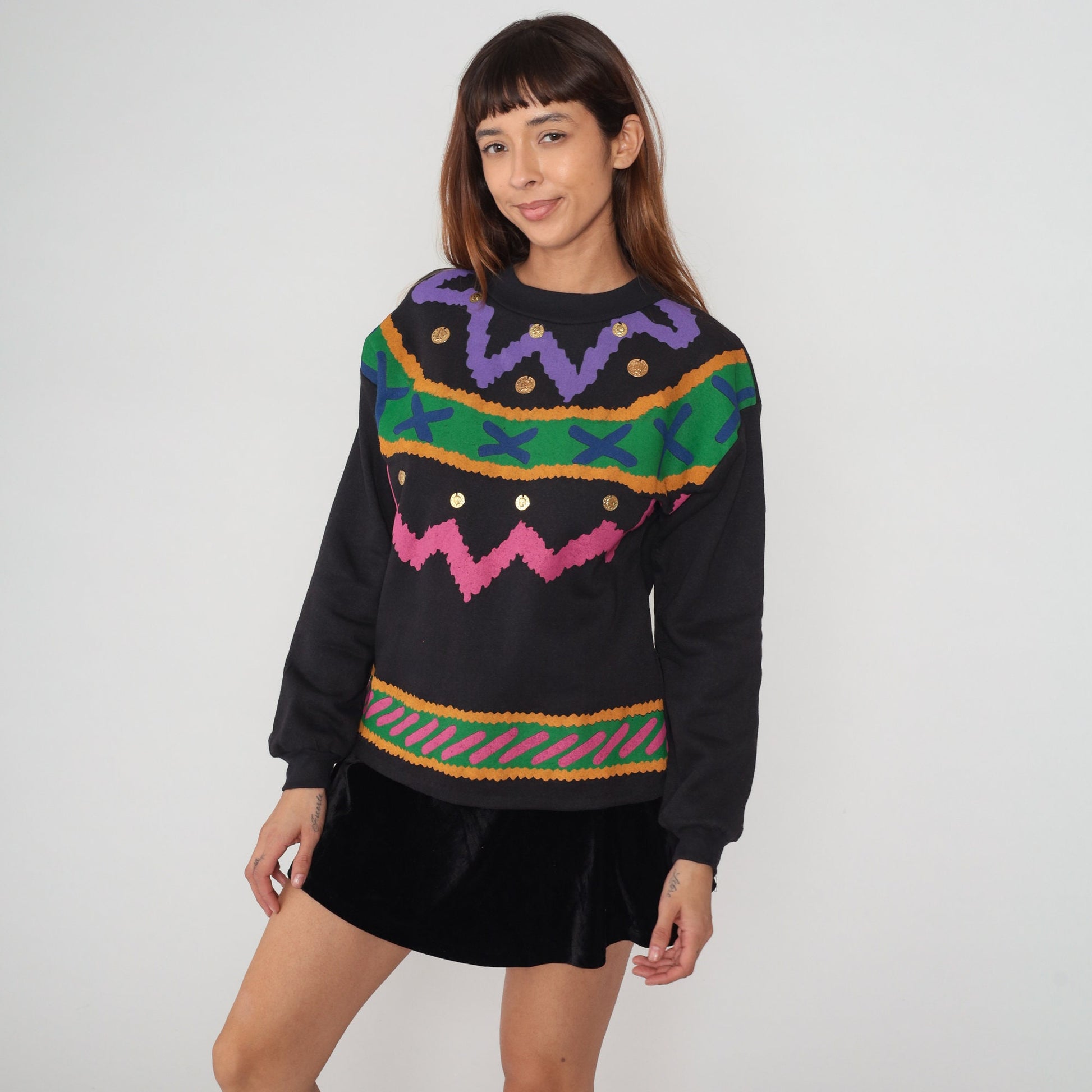 90s California Trends Black Sweatshirt Gold Coin Embellished Abstract Squiggle Small