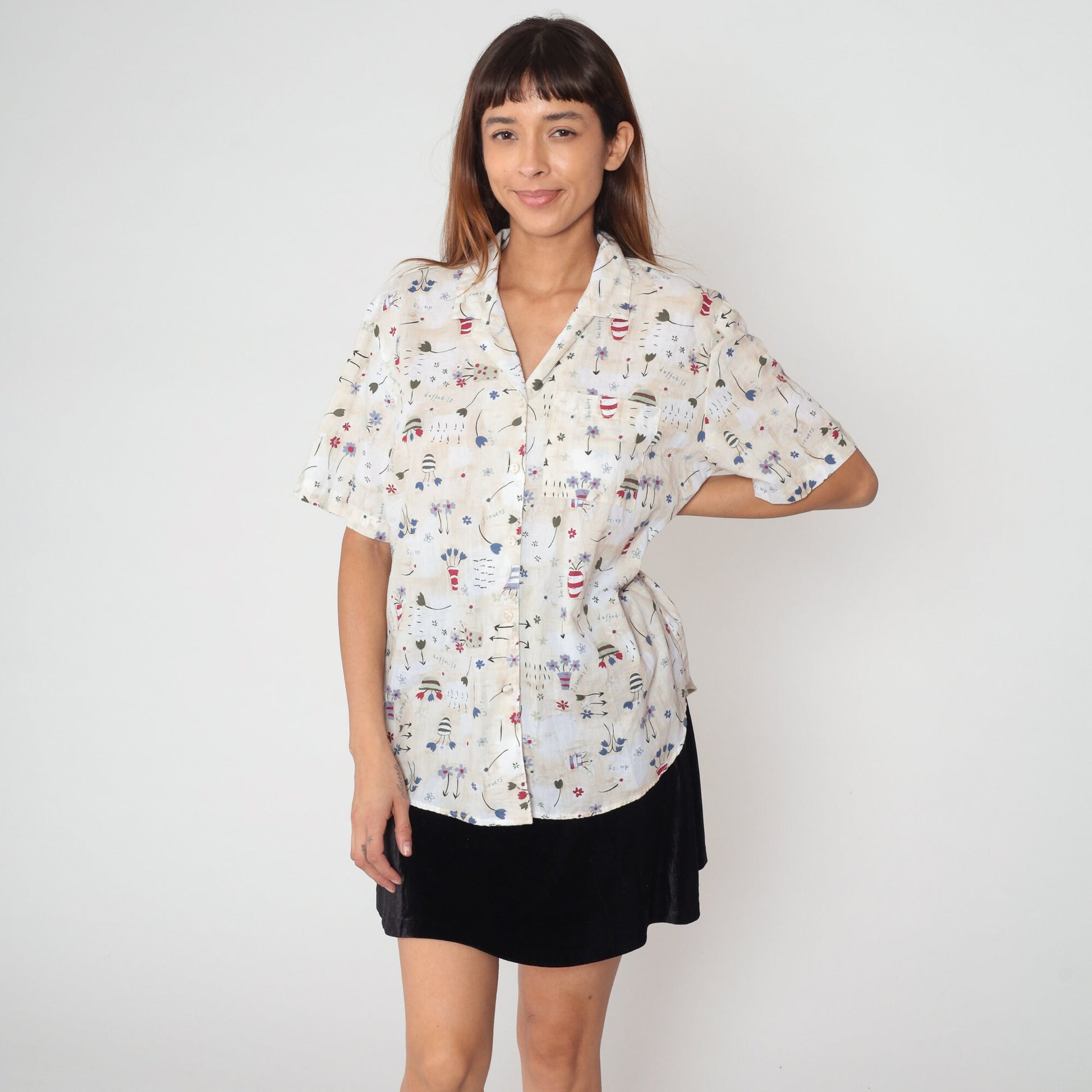 90s Floral Flowerpot Button-Up Blouse Beige Short Sleeve Collared Top Large L
