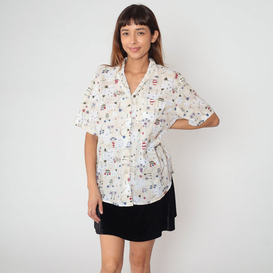 90s Floral Flowerpot Button-Up Blouse Beige Short Sleeve Collared Top Large L