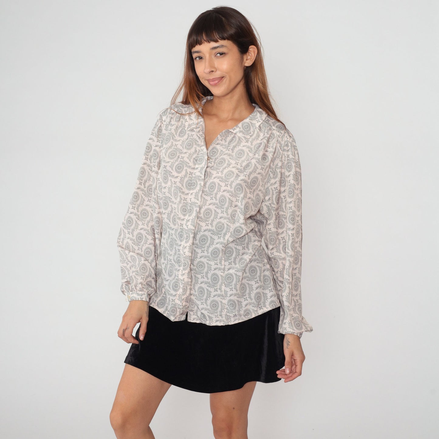 80s Worthington Floral Mandala Vine Print Button-Up Blouse Grey White Extra Large