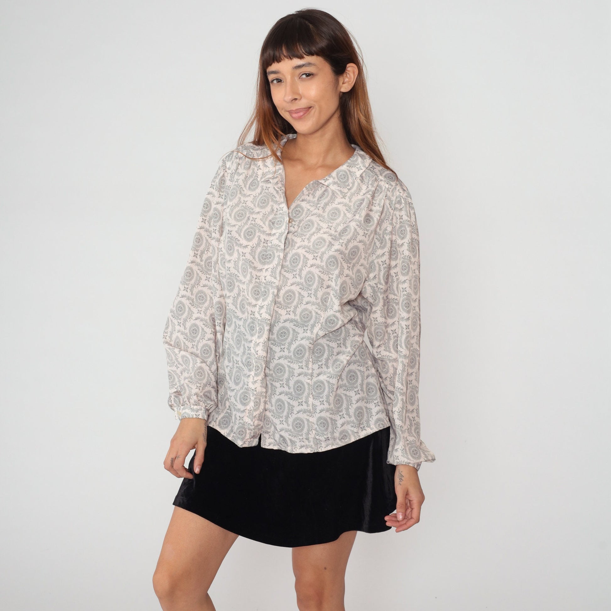 80s Worthington Floral Mandala Vine Print Button-Up Blouse Grey White Extra Large