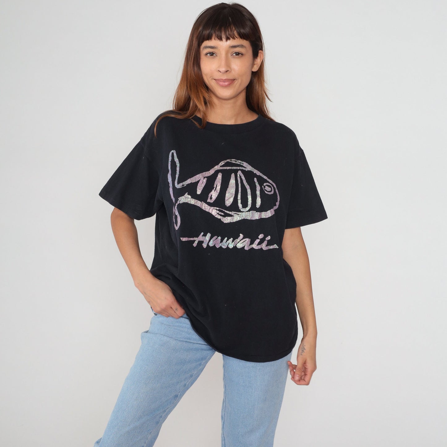 90s Hawaii Iridescent Fish Graphic T-Shirt Black Single Stitch Large L