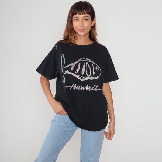 90s Hawaii Iridescent Fish Graphic T-Shirt Black Single Stitch Large L