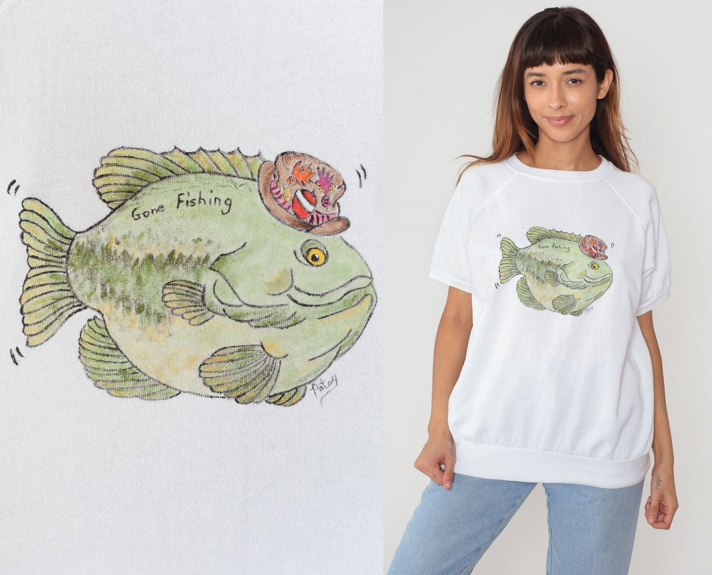 80s Gone Fishing Cartoon Graphic Raglan Sweatshirt White Large