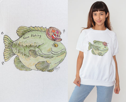80s Gone Fishing Cartoon Graphic Raglan Sweatshirt White Large