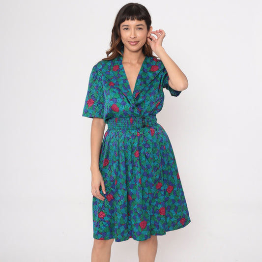 80s Abstract Floral Midi Dress Surplice Neck Pleated Elastic Waist Extra Small