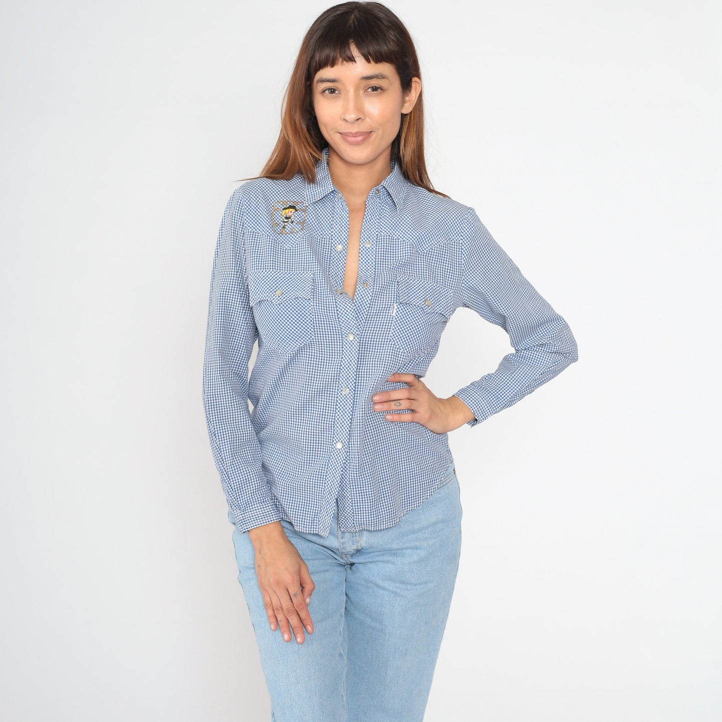 80s Levi's Western Shirt Gingham Pearl Snap Cowgirl Embroidered Extra Small