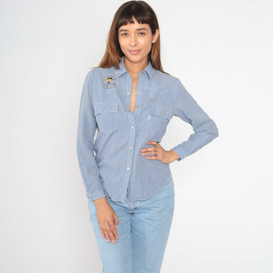 80s Levi's Western Shirt Gingham Pearl Snap Cowgirl Embroidered Extra Small