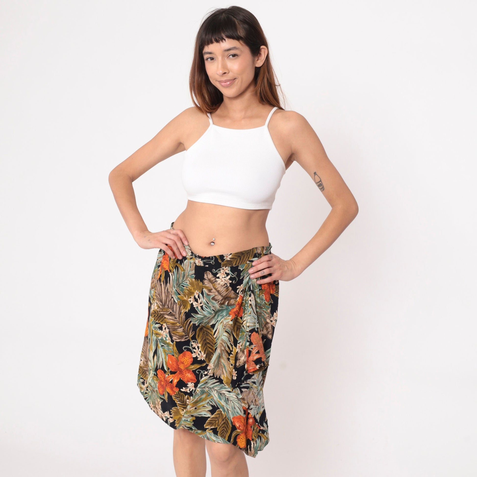 90s Carol Little Tropical Floral Mini Skirt Orange High Waist Faux Wrap Large