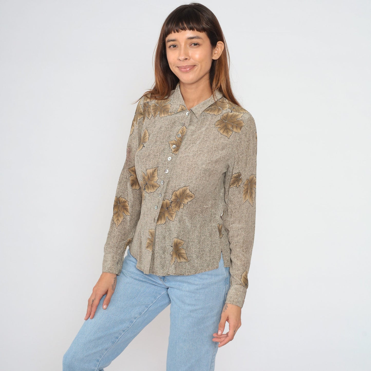 90s Victoria Soie Silk Leaf Print Blouse Brown Button-Up Medium