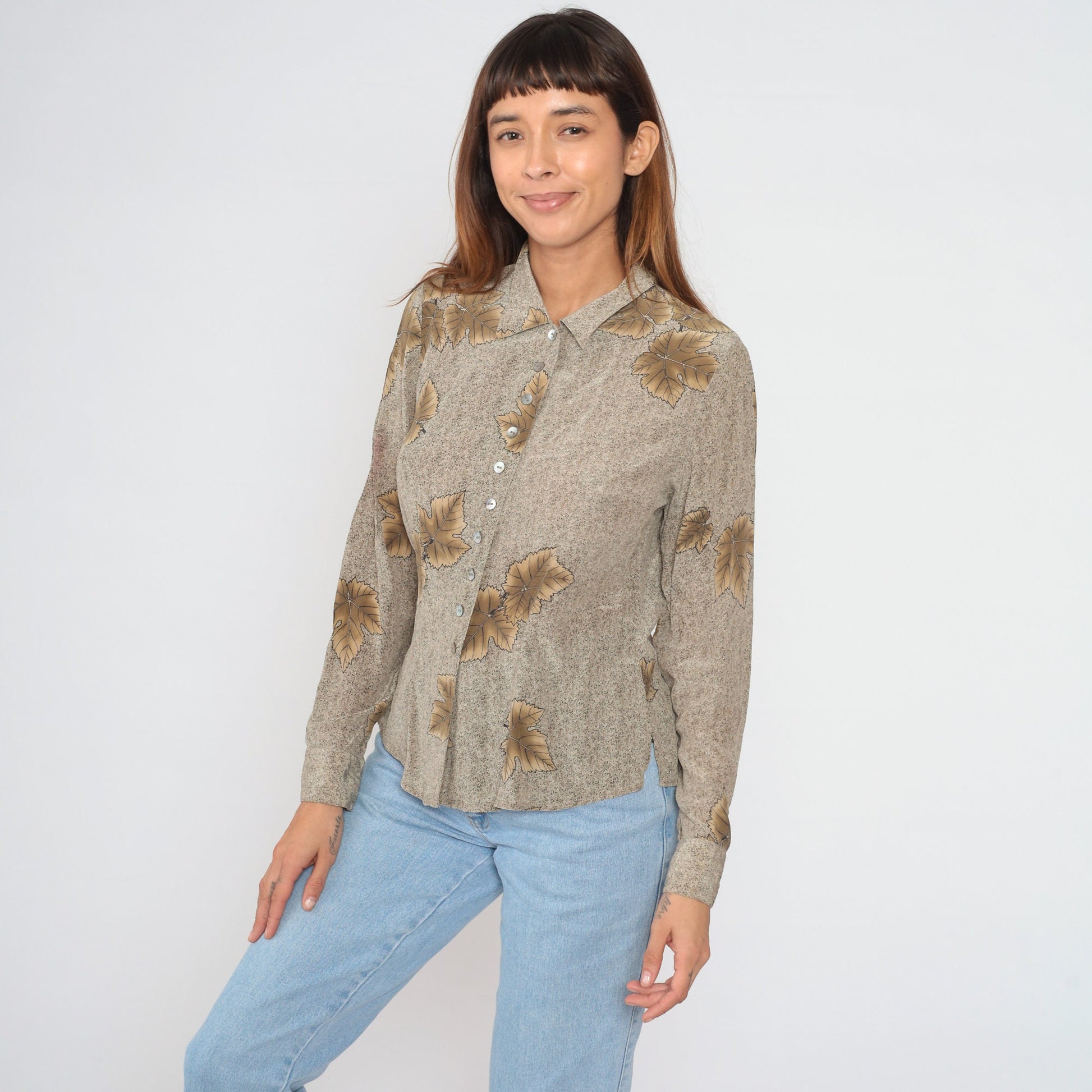 90s Victoria Soie Silk Leaf Print Blouse Brown Button-Up Medium
