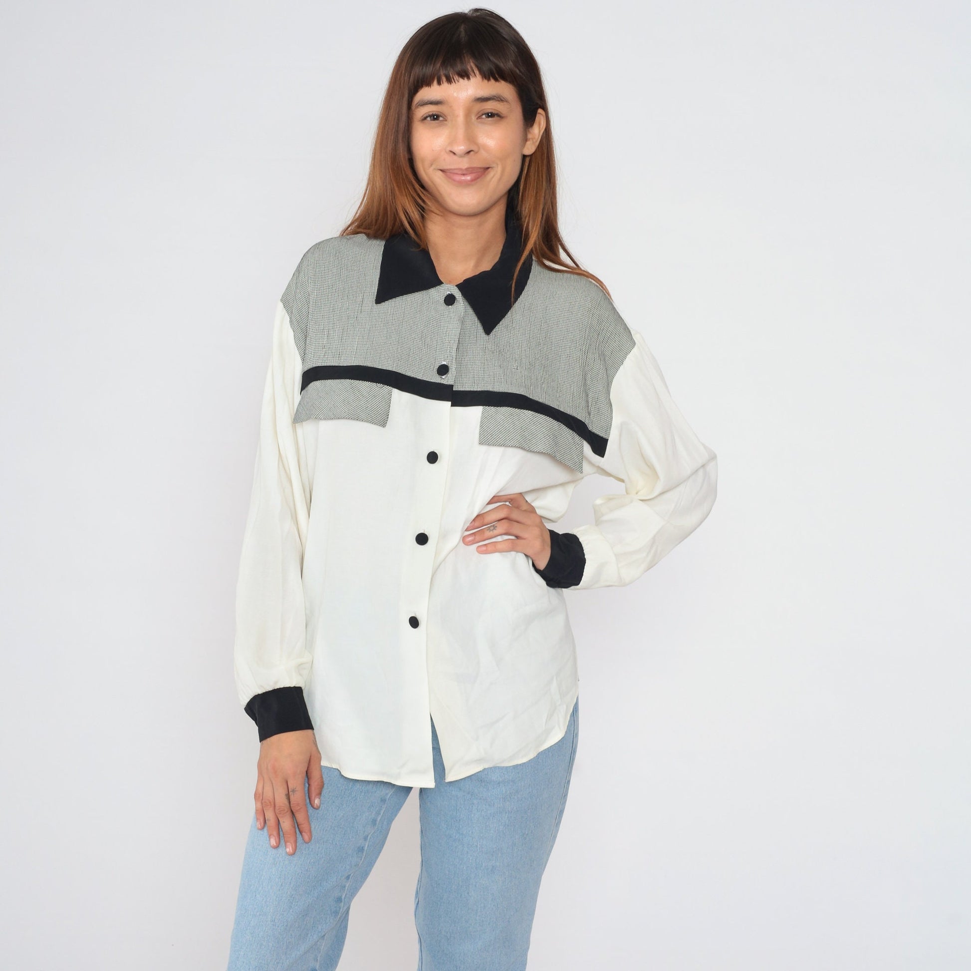 90s Black and White Gingham Checkered Button-Up Blouse Long Sleeve Collared Medium