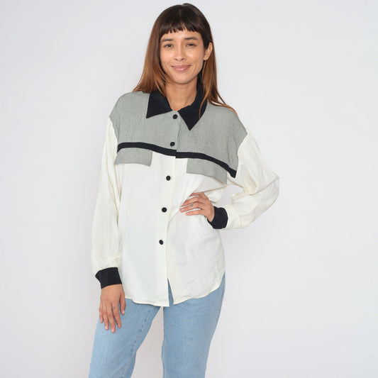 90s Black and White Gingham Checkered Button-Up Blouse Long Sleeve Collared Medium