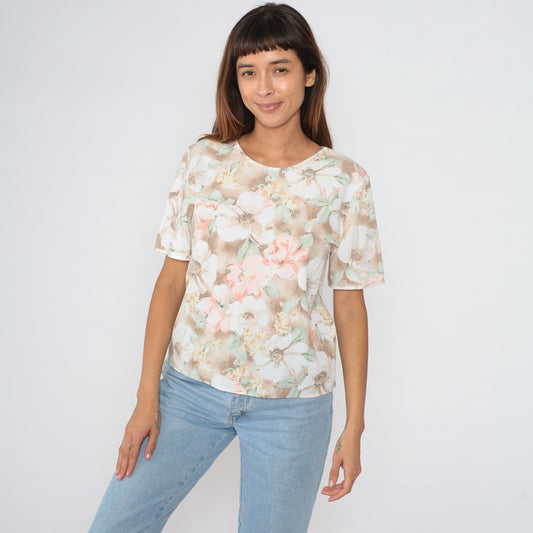 90s Muted Floral Blouse Watercolor Print Short Sleeve Top Small